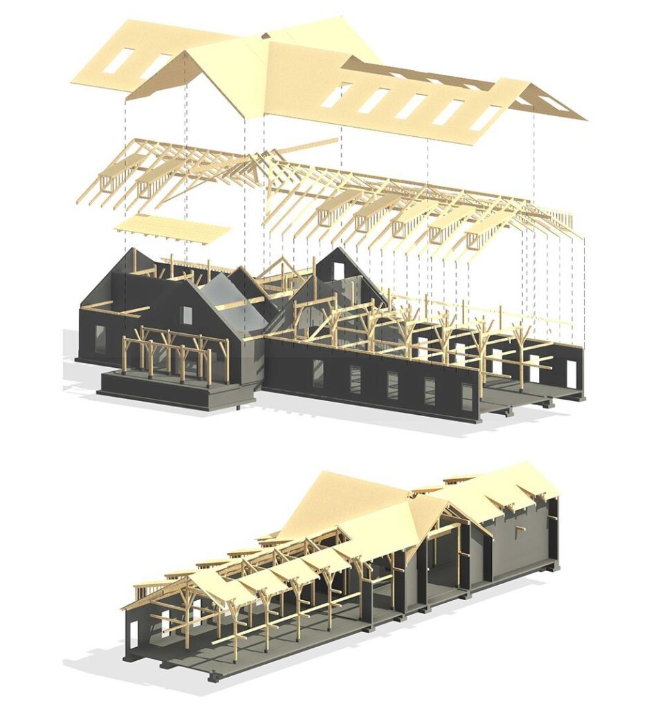Exploded axonometric of a hybrid heavy-timber and steel barn frame, roof planes, trusses, and posts separated to show the structural assembly